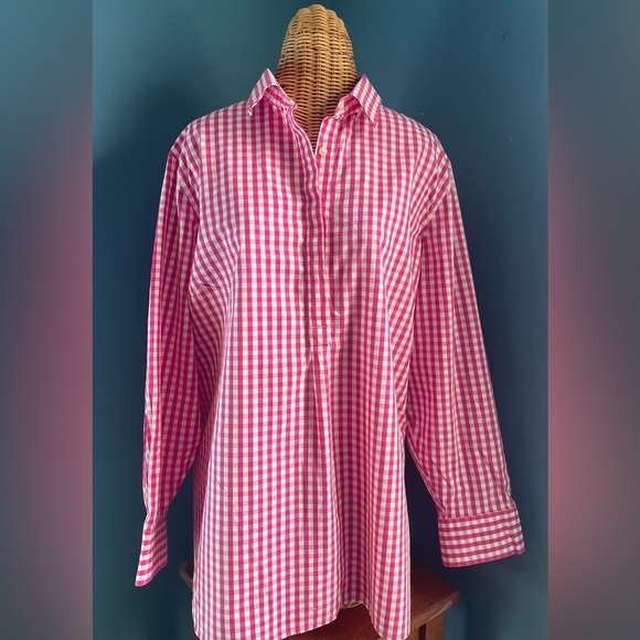 Lands' End Tops - Lands’ End Women’s Top Pink White Gingham Check Cotton No Iron 24W Spring